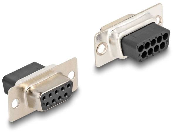 Zwei D-Sub-Stecker, einer männlich und einer weiblich, aus Metall und Kunststoff, nebeneinander vor einem weißen Hintergrund.