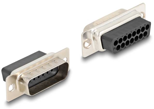 Zwei D-Sub-Stecker: einer männlich mit Stiften, einer weiblich mit Löchern. Metallische Halterungen und schwarzes Gehäuse.