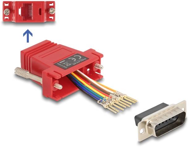 Ein roter Adapter wird gezeigt, der RJ45- und DB9-Stecker verbindet. Bunte Kabel sind sichtbar, sowie die Anschlüsse.