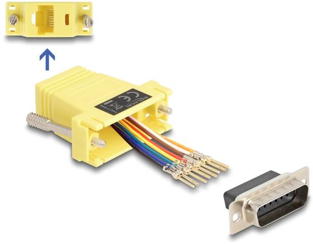 Ein gelbes RJ45-Steckverbindungsmodul mit sichtbaren bunten Kabeln wird mit einem DB15-Stecker verbunden. Ein Pfeil zeigt die korrekte Richtung für das Einstecken.