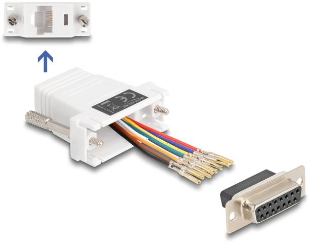 Adapter mit RJ45-Buchse, acht farbigen Kabeln und DB15-Stecker. Verbindet Netzwerkkomponenten mit seriellen Schnittstellen.