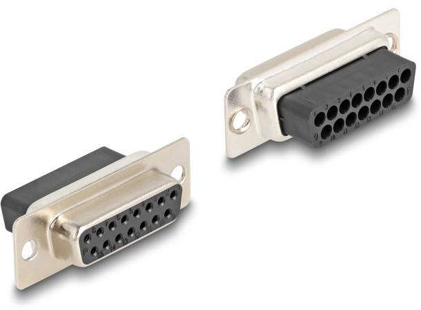 Zwei schwarze, rechteckige Steckverbinder mit Metallrahmen, einer zeigt die vordere Pin-Seite, der andere die Rückseite mit Befestigungslöchern.