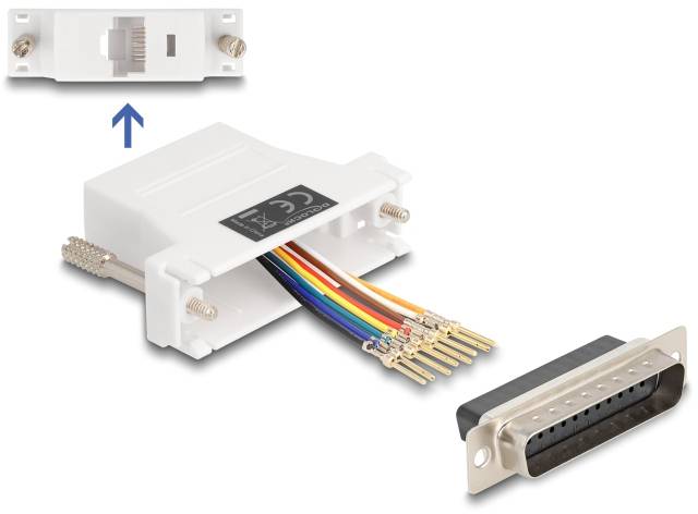 Netzwerkkabeladapter mit geöffnetem Gehäuse, sichtbare Drähte in verschiedenen Farben. Zeigt Schritte zum Anschließen eines Steckers.