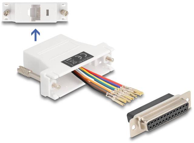 Ein weißer Adapter mit farbigen Kabeln verbindet einen RJ45-Anschluss mit einem 25-poligen D-Sub-Stecker. Pfeil zeigt Einbaurichtung.