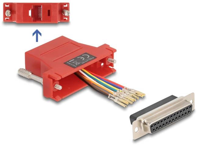Ein roter RJ45-Adapter mit Kabeln, die zu einem DB25-Stecker führen. Ein Pfeil zeigt die Verbindung. Elektronikzubehör.