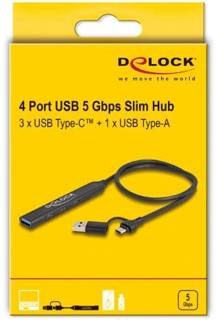Delock 64272 USB-Hub 3+1 Port USB-A, USB-C® USB 3.2 Gen1 5 GBit/s mit USB-C® Stecker Schwarz 64272