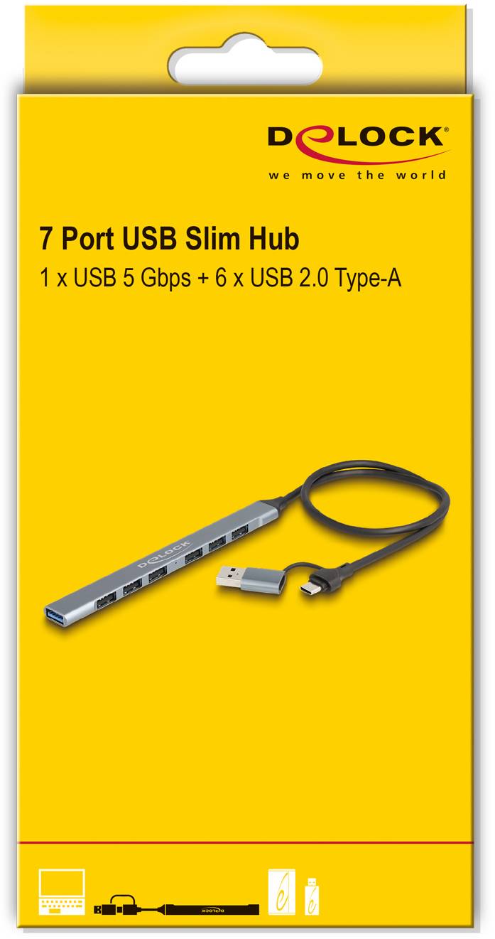 Delock 64273 USB-Hub 7 Port USB-A USB 3.2 Gen1 5 GBit/s mit USB-C® Stecker Grau 64273