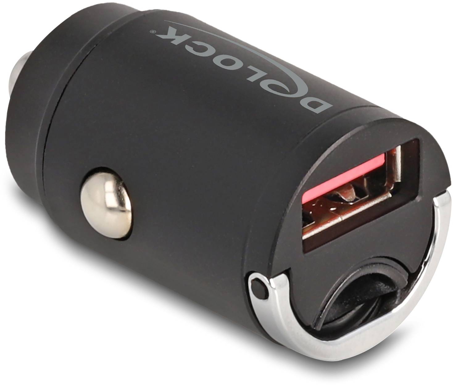 Schwarzes USB-Ladegerät für Auto mit einem USB-Anschluss und abgerundetem Design.