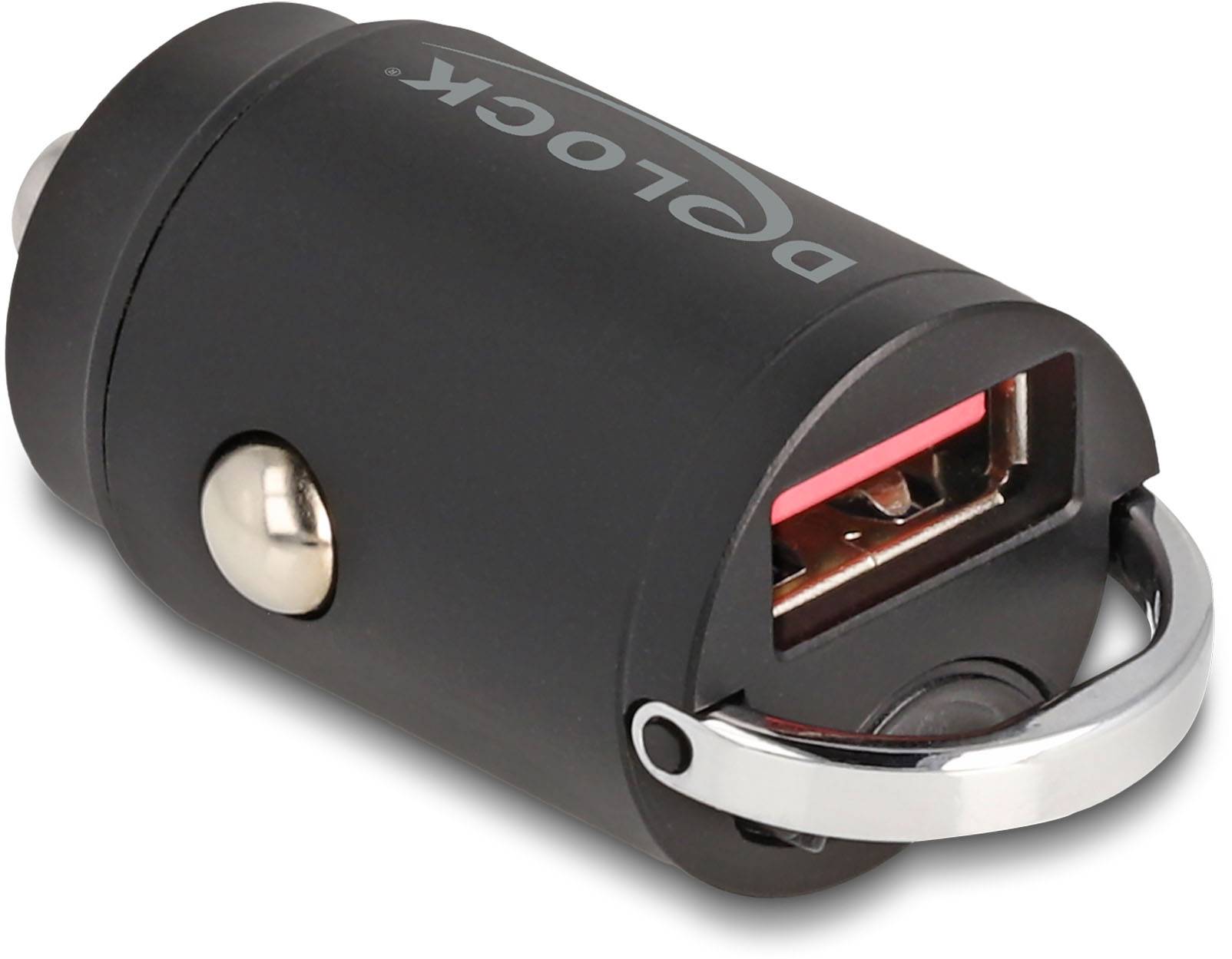 Schwarzes USB-Autoladegerät mit Metallring, seitlichem Knopf und USB-Anschluss, geeignet zum Laden von Geräten im Auto.