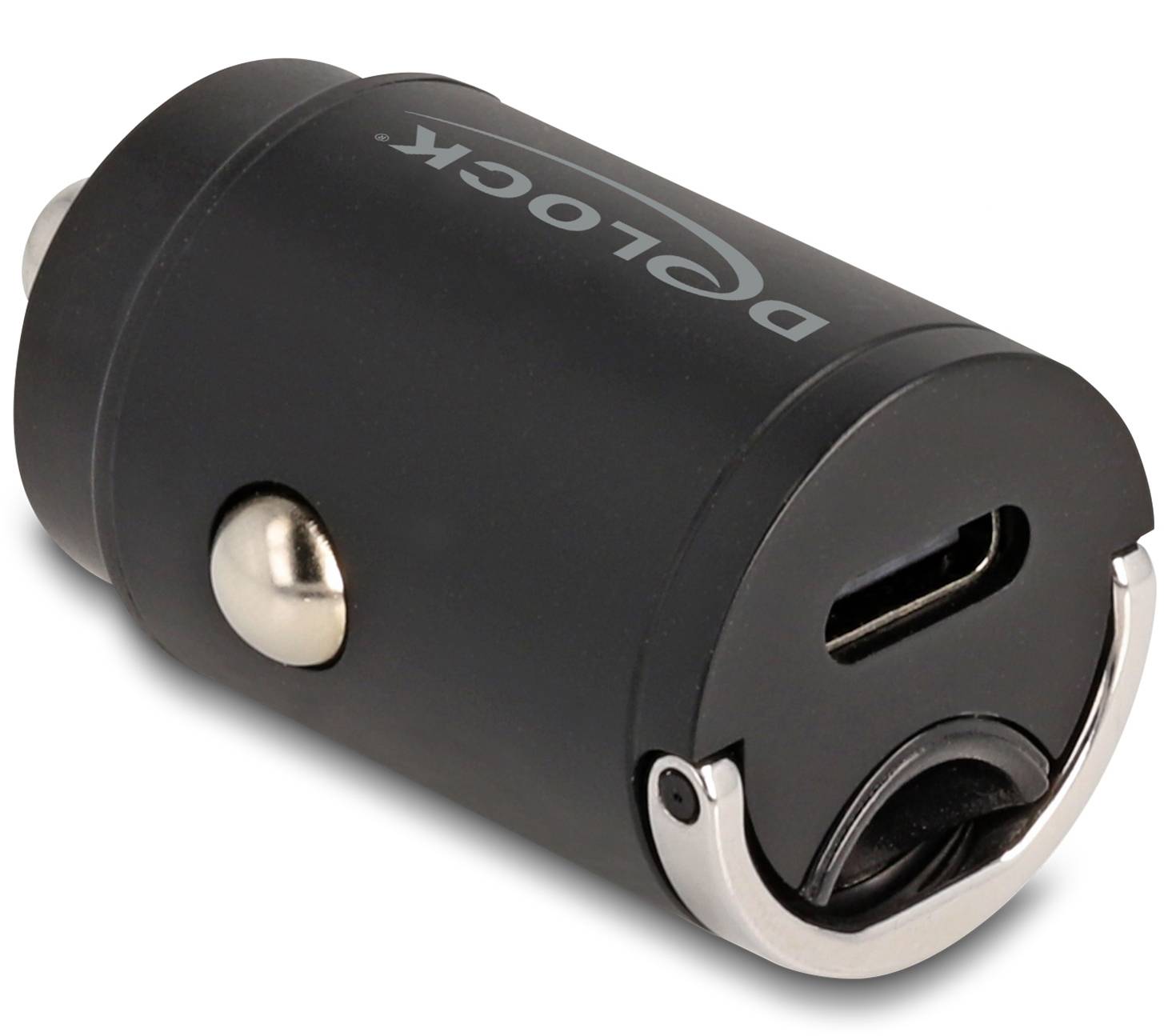 Auto-Ladegerät mit USB-C-Anschluss auf einer weißen Oberfläche.