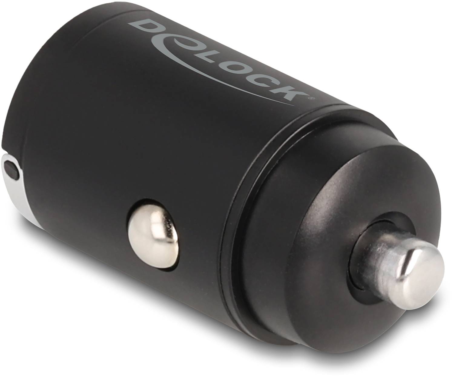 Schwarzes Auto-Ladegerät von Delock, rundes Design, mit Metallknopf an der Seite.