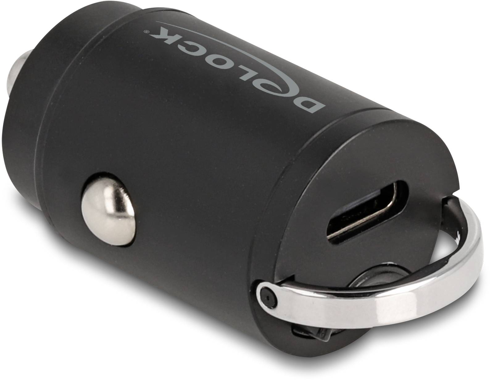 Schwarzes USB-Autoladegerät mit silbernem Knopf und Aufdruck 'Delock'.
