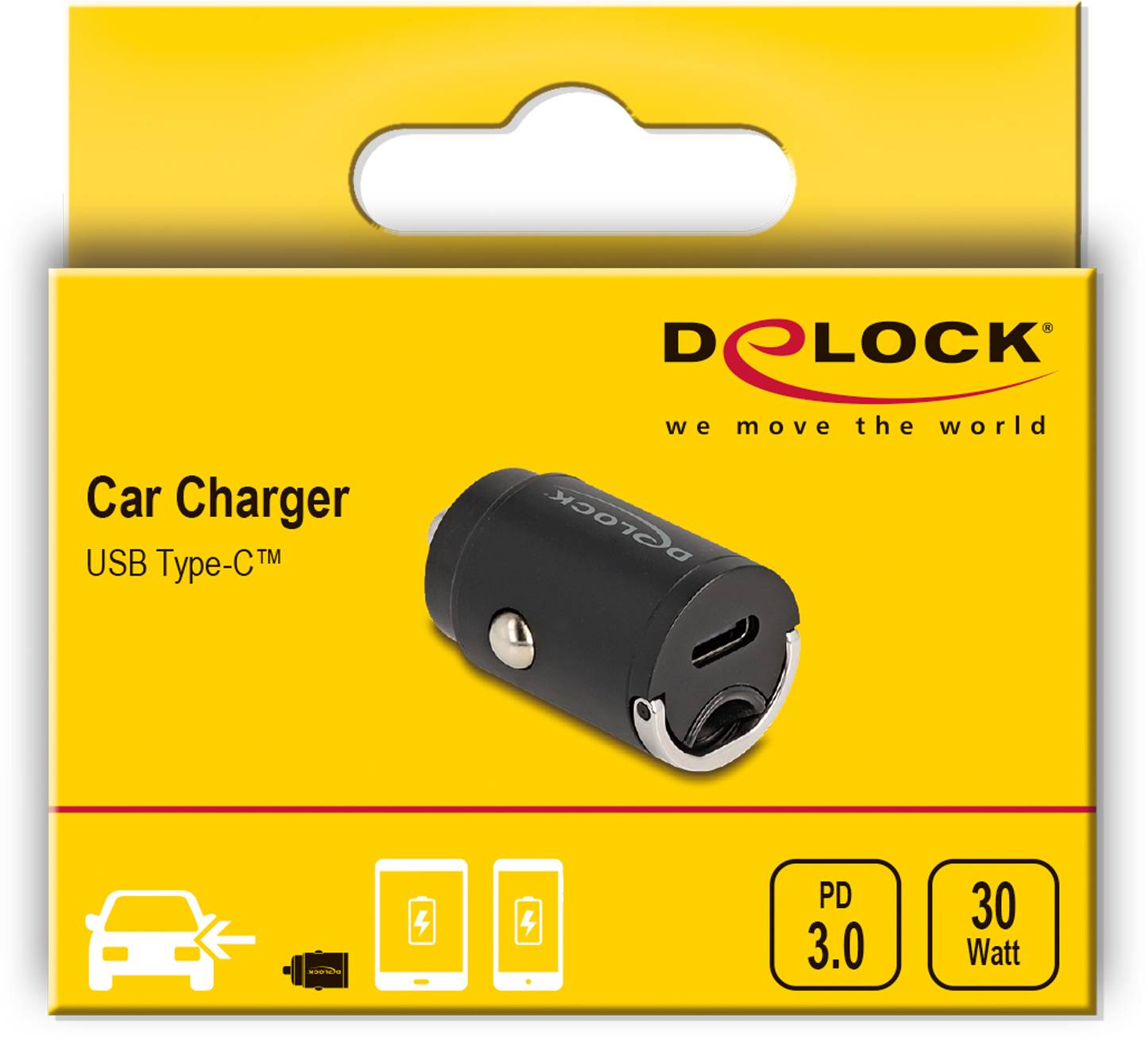 'Car Charger USB Type-C' von Delock, gelbe Verpackung mit Bild des Ladegeräts. Unterstützt PD 3.0, 30 Watt. Für Auto-Ladung.