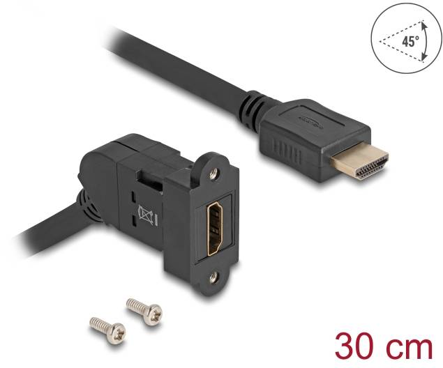 HDMI-Kabel mit einer festen Anschlussbuchse und HDMI-Stecker, 30 cm lang. Zwei Schrauben zur Befestigung sind enthalten.