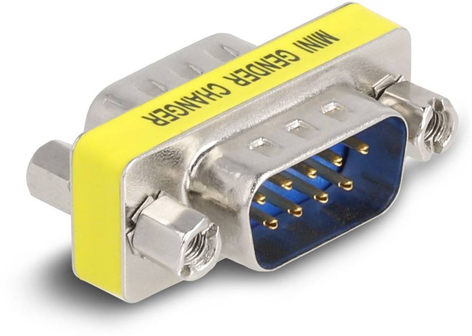 'Mini Gender Changer'-Adapter mit gelbem Label, D-Sub-Anschluss mit 9 Pins. Verbindet Geräte mit unterschiedlichen Steckertypen.