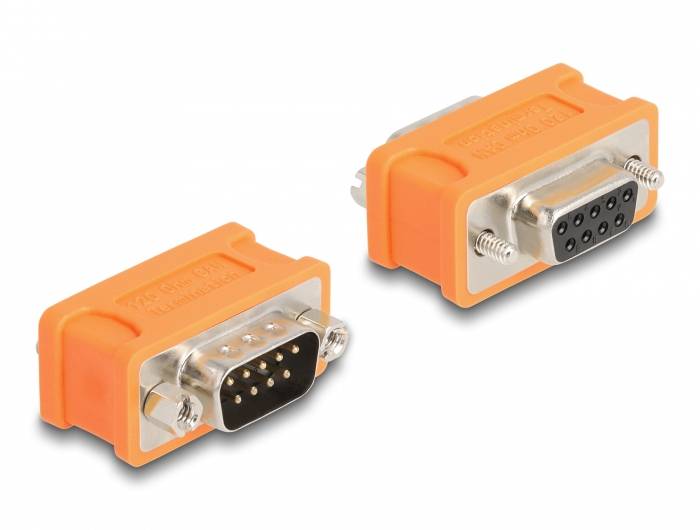 Zwei orange Adapter mit Metallanschlüssen für serielle Schnittstellen, einer mit Stiften und der andere mit Buchsen, auf weißem Hintergrund.