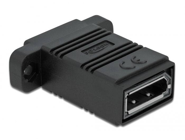 Ein schwarzer DVI-Adapter mit CE-Zeichen, verwendet zur Verbindung von Videoquellen mit Displays.