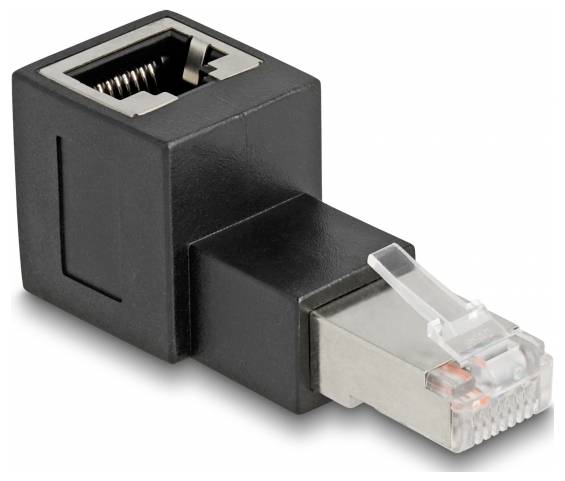 Ein schwarzer Ethernet-Adapter mit einer Buchse auf der einen und einem Stecker auf der anderen Seite, dient zur Netzwerkverbindung.