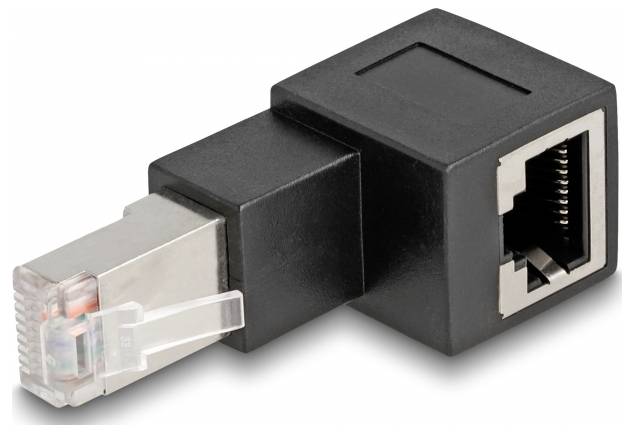 Ein schwarz-silberner RJ45-Stecker-Adapter mit weiblichem und männlichem Anschluss, verwendet für Netzwerkkabelverbindungen.