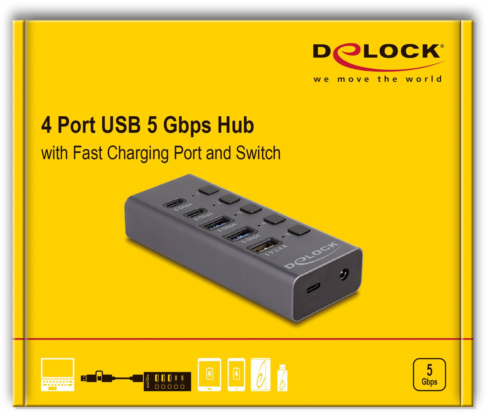 Delock 64248 USB-Hub 4 Port USB-A USB 3.2 Gen1 5 GBit/s Grau 64248