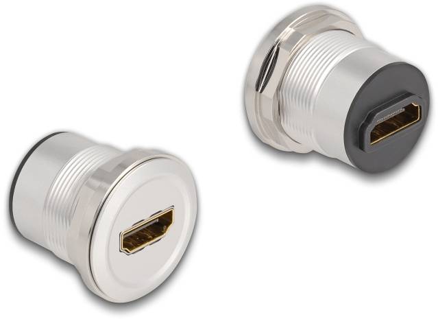 Zwei HDMI-Buchsen, zylindrisch, aus Metall, mit unterschiedlichen farbigen Rändern, auf weißem Hintergrund.