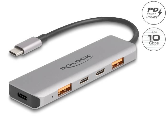 USB-C-Hub mit drei USB-Anschlüssen und zwei USB-C-Anschlüssen, unterstützt Power Delivery und Datenübertragung bis zu 10 Gbps.