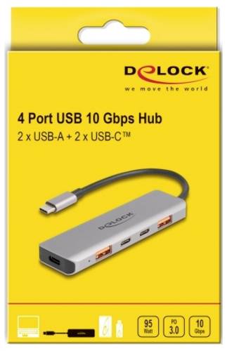 Delock 64302 USB-Hub 2+2 Port USB-A, USB-C, USB-C PD USB 3.2 Gen2 10 GBit/s LED-Anzeige Grau 64302