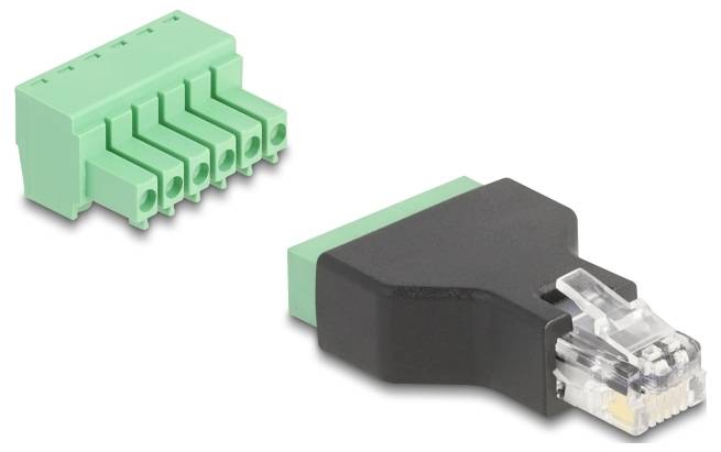 Grüner RJ45-Stecker-Adapter mit Kabelanschlussblock, geeignet für die Anpassung von Netzwerkkabeln an offene Drähte.