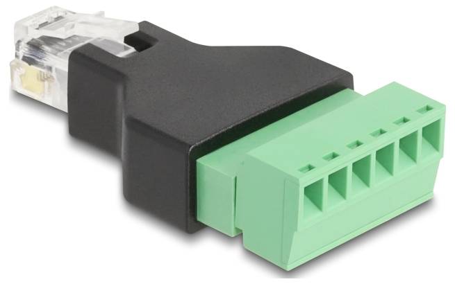 Adapter mit RJ45-Stecker und grünem, sechspoligem Stecker, verwendet für den Anschluss von Netzwerkgeräten an bestimmte Anschlüsse.