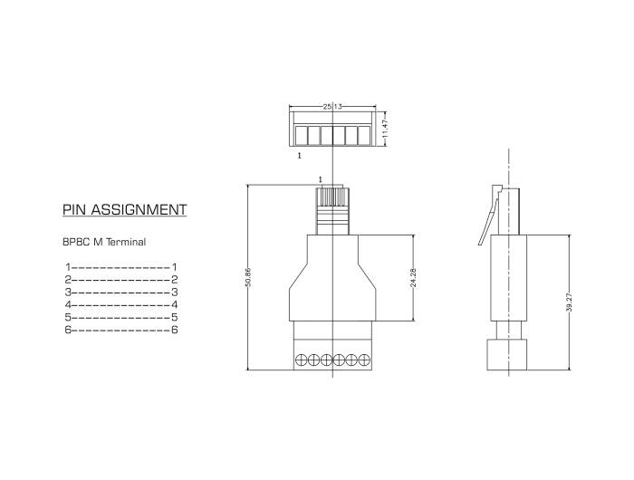 Technische Zeichnung eines Steckverbinders. Zeigt Vorderansicht und Seitenansicht mit Bemaßungen. Bezeichnung: 'Pin Assignment', 6 Anschlüsse.