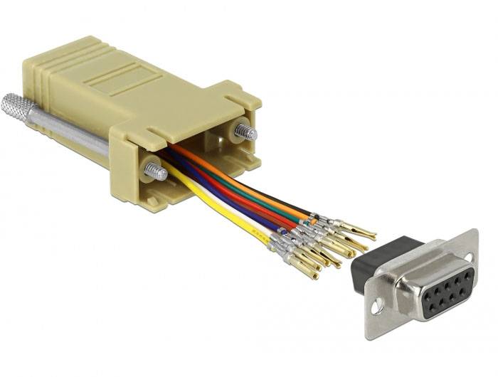 'DB9-Stecker mit CAT5-Adapterkabel', verbindet serielle Schnittstellen mit Netzwerkkabeln, zeigt gelbe Hülle, bunte Adern.