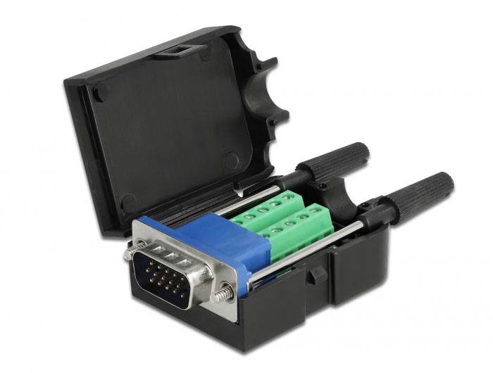 Ein offener DB9-Stecker mit herausragender grüner Steckklemme in einem schwarzen Gehäuse, geeignet für serielle Verbindungen.