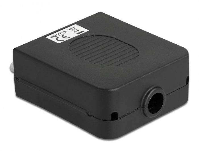 Ein schwarzes rechteckiges elektronisches Gerät mit CE-Kennzeichnung auf der Oberseite.