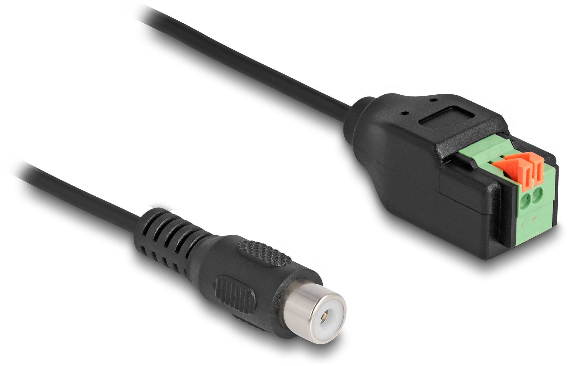 Netzteiladapterkabel: Links Cinch-Stecker, rechts Anschlussklemme mit Schrauben in Kunststoffgehäuse; verbindet verschiedene Stromanschlüsse.