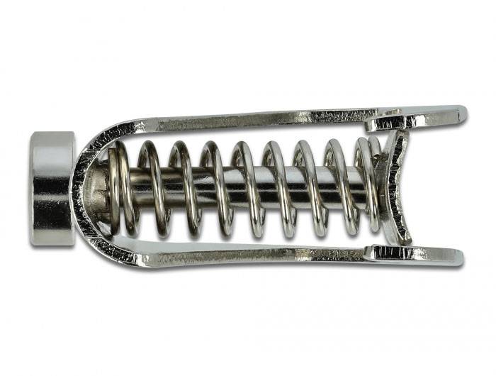 Eine silberne Metallfeder, umgeben von einer metallischen Hülle, oben mit einem runden Kopf und unten offen.