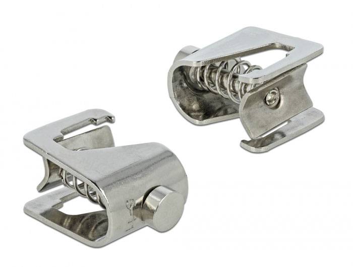 Zwei metallische Clips mit Federmechanismus, verwendet zum Befestigen oder Bündeln von Materialien.