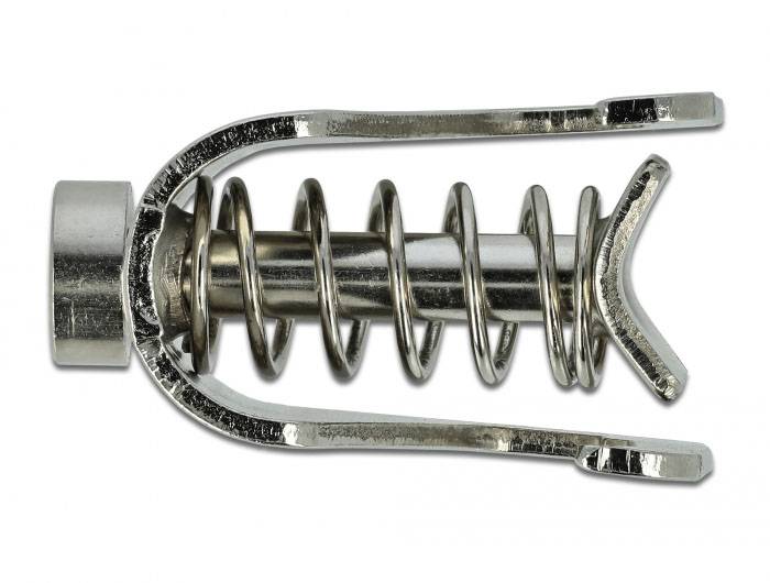 Eine metallene Spannfeder mit Haken, die in der Technik zur Sicherung oder Fixierung von Teilen verwendet wird.