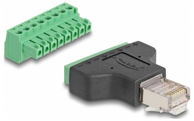 Grüner Klemmenblock und Adapterstecker mit RJ45-Anschluss. Der Klemmenblock hat nummerierte Anschlüsse, der Adapter trägt das Logo 'Conrad'.