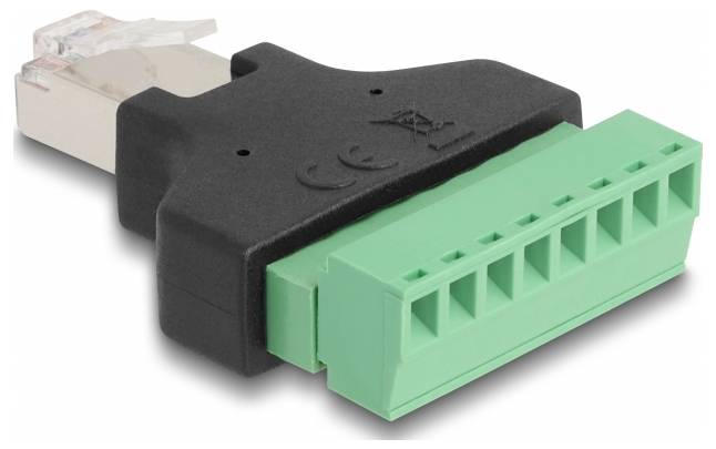 Ein schwarzer und grüner Terminalblockadapter für ein Ethernet-Kabel, der Signalverbindungen ermöglicht.