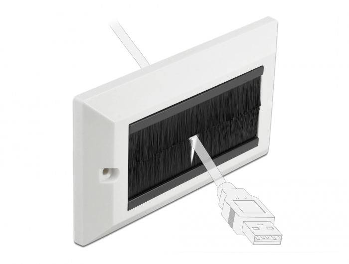 Weißes Kabelauslasspanel mit schwarzen Bürsten für Kabelmanagement, zeigt ein USB-Kabel, das durch den Schlitz geführt wird.