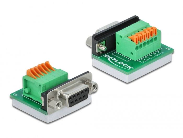 Ein Adapter mit grünem und orangem Steckerblock zum Verbinden von Drähten, und eine DB9-Buchse. Marke 'Delock' aufgedruckt.