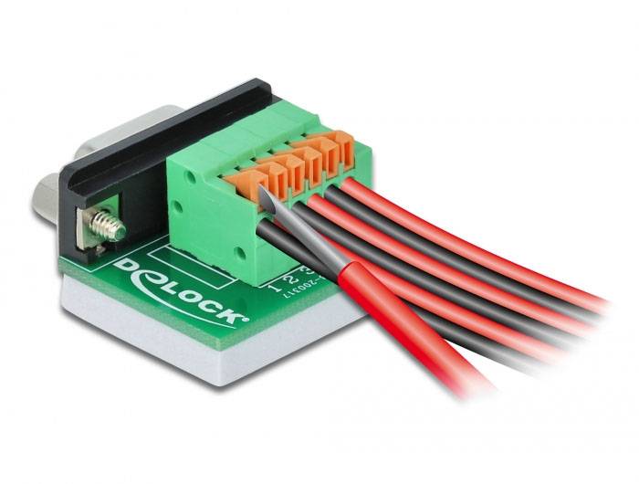 Adapterplatine von Delock mit mehreren farbigen Kabeln angeschlossen. Dient zum Verbinden von Hardwarekomponenten über einen Terminalblock.