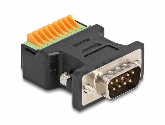 Mehrpoliger schwarzer Steckeradapter mit Metallanschluss und bunten Klemmen für elektrische Verbindungen und Datenübertragungen.