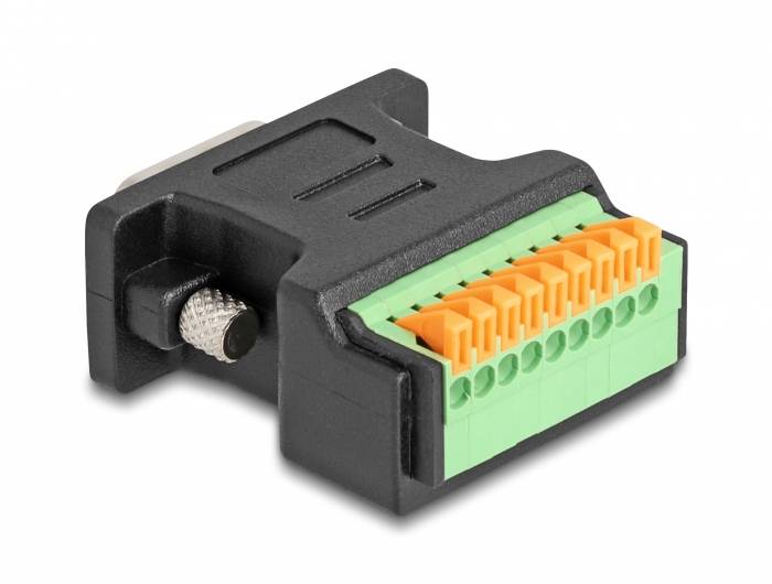 Ein Adapter mit einem schwarzen Gehäuse und grünen Klemmen mit orangefarbenem Hebel, geeignet für elektrische Verbindungen.