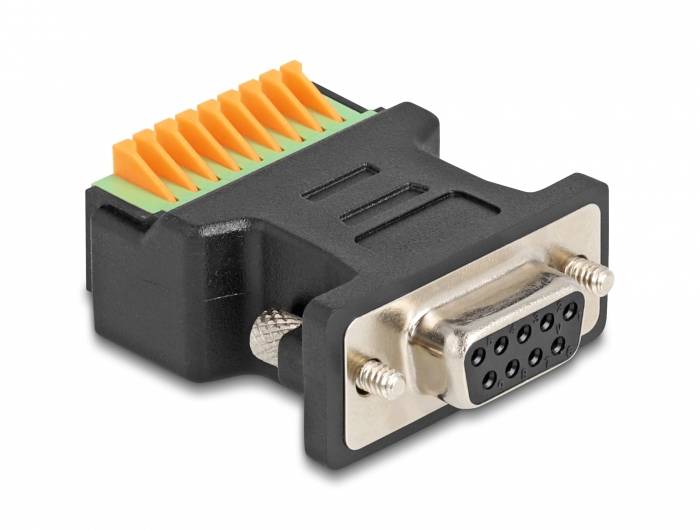 Ein schwarzer Adapter mit einem DB9-Stecker und einer Reihe von Klemmanschlüssen in Orange und Grün, für elektrische Verbindungen.