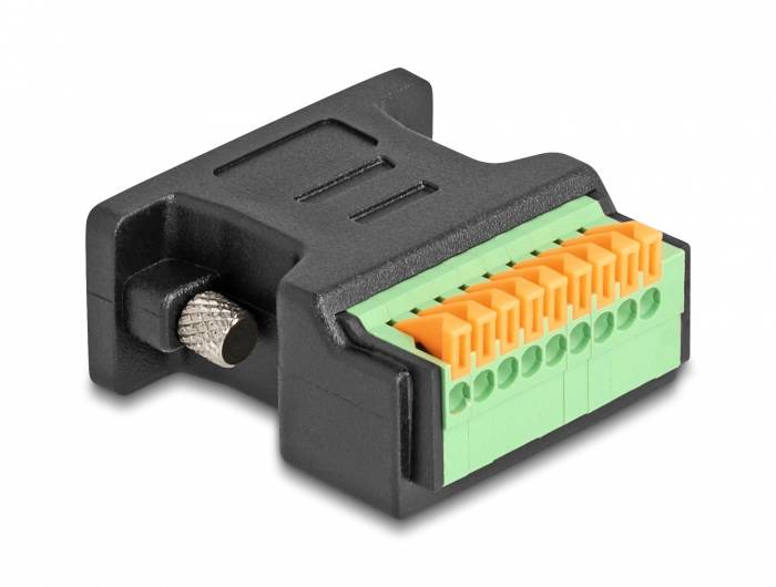 Schwarzer Adapterstecker mit grünen und orangefarbenen Klemmen, geeignet zum Anschließen von Drähten in einem elektronischen System.
