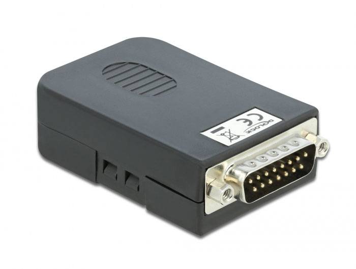 Ein schwarzer VGA-zu-HDMI-Adapter mit einem VGA-Stecker und einem HDMI-Anschluss, zur Verbindung älterer Geräte mit modernen Displays.