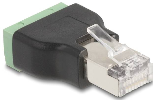Ein RJ45-Adapter mit einem schwarzen Kunststoffgehäuse und grüner Anschlussklemme. Geeignet für Netzwerkverbindungen.