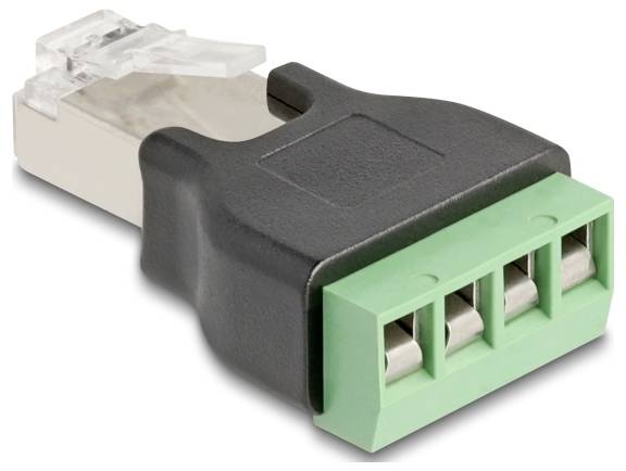 Ein schwarzer Adapter mit grünem Terminalblock und drei Metallklemmen, zur Verbindung von Kabeln in elektronischen Geräten.