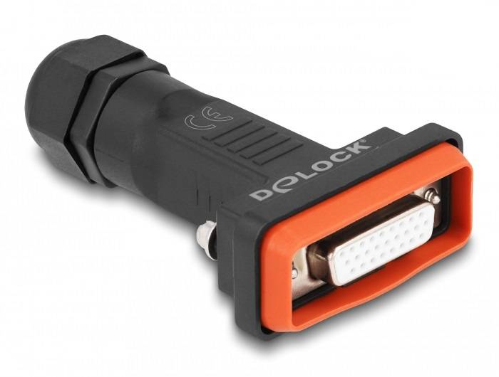 Ein schwarzer DVI-Adapter von Delock mit einem orangefarbenen Rand. Der Adapter hat eine DVI-Buchse auf der Vorderseite.